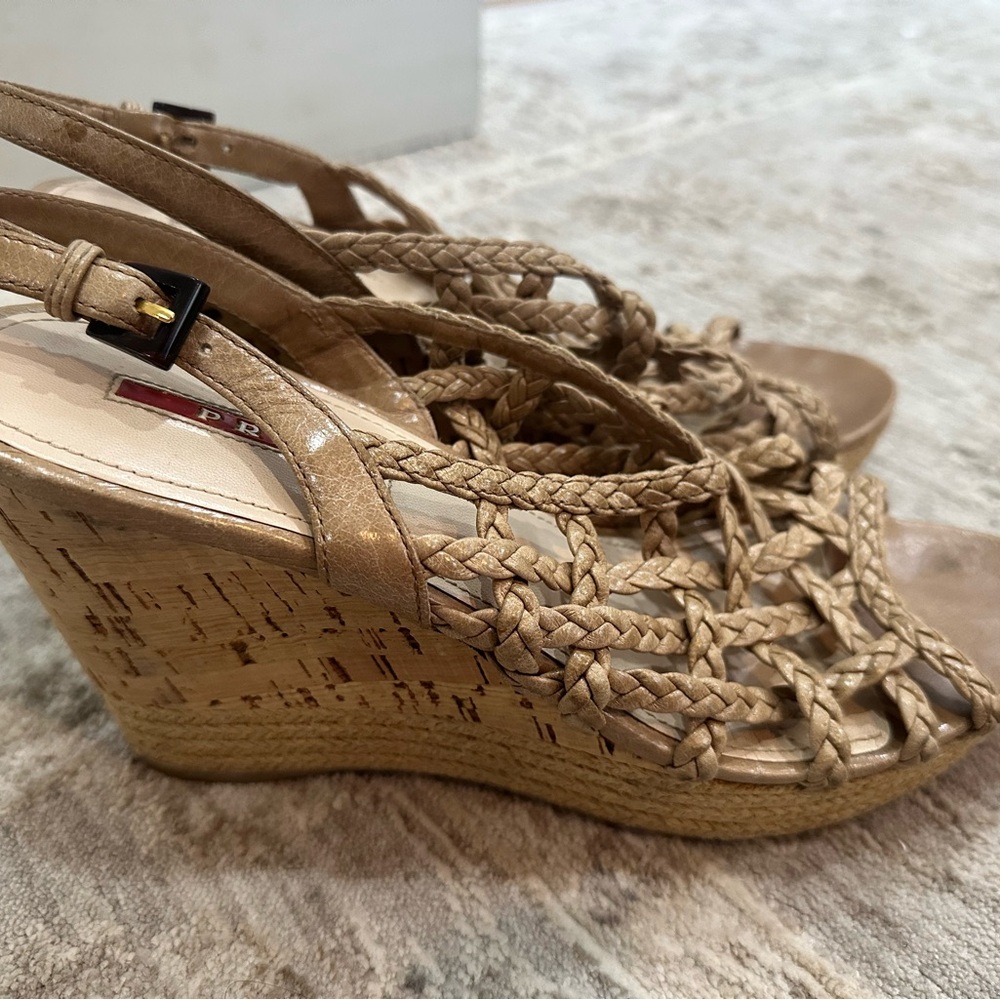 Prada Women's Woven Tan Wedges
